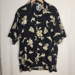 Hook & Tackle Mens XL Black Marlin Floral Herringbone Short Sleeve Fishing Shirt